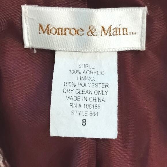 Monroe & Main Tweed Two Button Burgundy Deep Red & Cream Lined Fitted Blazer 8 - Picture 4 of 11